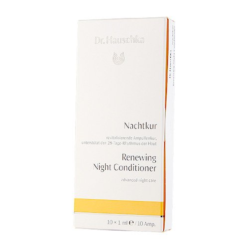 White box with orange accents, featuring "Dr. Hauschka" branding and "Renewing Night Conditioner" text, contains 10 ampules, each 1 ml, designed for advanced night care.