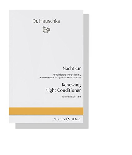 White box packaging with gold accents, labeled "Dr. Hauschka Renewing Night Conditioner," containing 50 vials, each 1 ml, designed for advanced night skin care.
