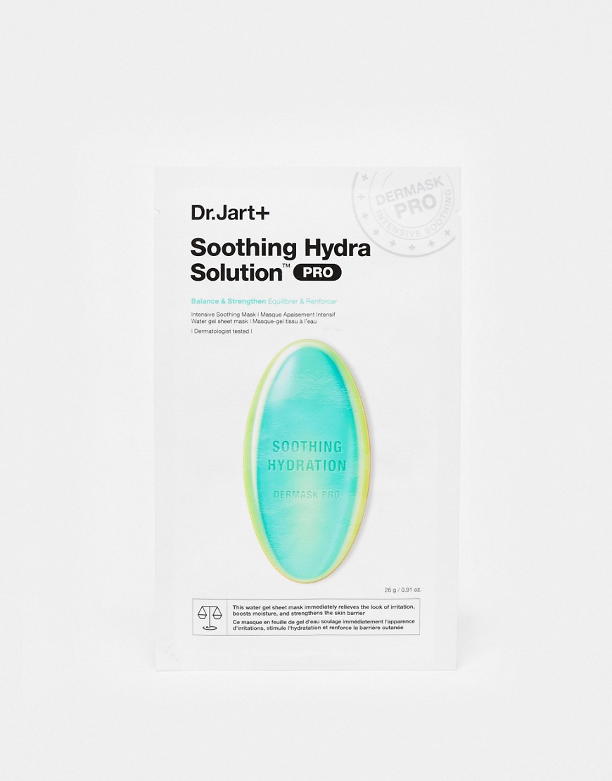 White packaging with a glossy turquoise oval label reading "Soothing Hydra Solution™ PRO" and "DERMASK PRO," designed for irritated skin, featuring a clean and modern aesthetic.