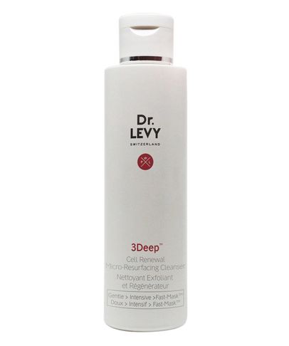 White cylindrical bottle with a flip-top cap, featuring the text "Dr. Levy Switzerland 3Deep Cell Renewal Micro-Resurfacing Cleanser" in elegant black and red font.