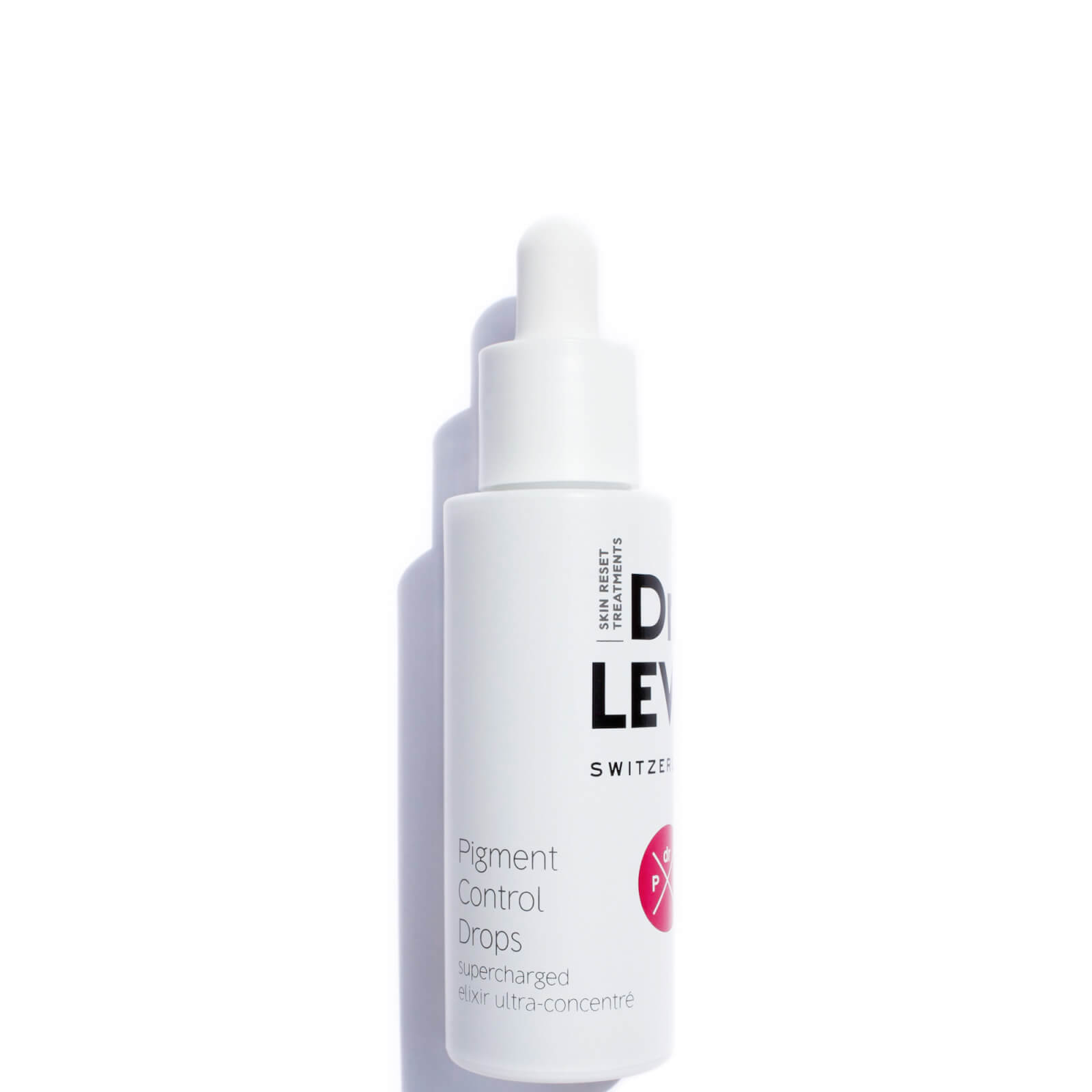 White bottle with a dropper cap, labeled "Dr LEVY Switzerland Pigment Control Drops," featuring a pink accent and text highlighting its antioxidant and vegan-friendly properties.