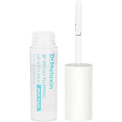 Clear plastic tube with a white cap, featuring a dropper applicator; labeled "Dr. Melaxin BP Spicule Plumping Lip Shot - Mild - 4ml/0.13OZ" for unisex use.