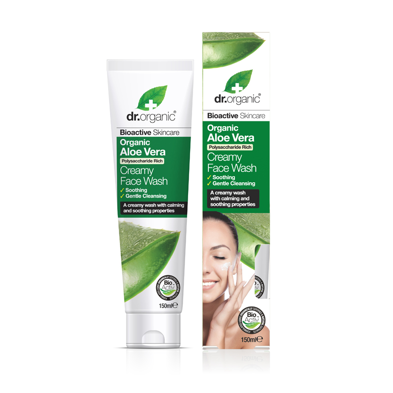 Creamy face wash tube and box featuring green aloe vera leaves, with white and green branding, labeled "DR ORGANIC Creamy Face Wash Organic Aloe Vera 150ml."