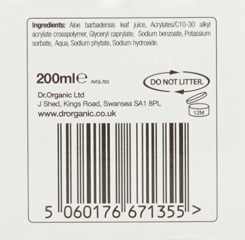 Green and white tube of Dr Organic Aloe Vera Maximum Strength Gel, featuring a flip-top cap, 200ml size, and ingredient list on the back with a barcode.
