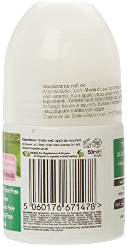 White roll-on deodorant with a green label, featuring the Dr. Organic logo, and text indicating it's organic and alcohol-free, in a 50ml container.