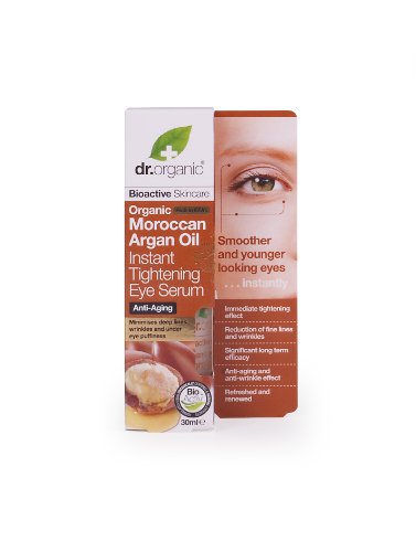 Dr Organic Moroccan Argan Oil Eye Serum in a 30ml box featuring orange and white packaging, highlighting anti-aging benefits and an image of an eye with smooth skin.
