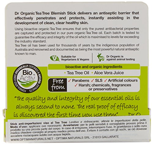 Green and white packaging of Dr Organic Tea Tree Grain Bar, featuring key ingredients like tea tree oil and aloe vera, with a focus on organic and bioactive properties.