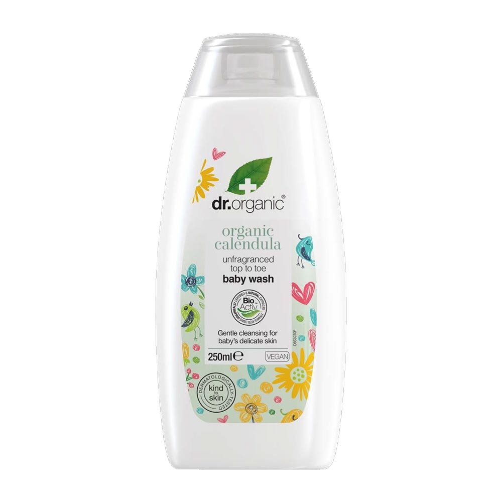 White bottle with a flip-top cap, featuring colorful floral and animal illustrations, labeled "Dr Organic Calendula Unfragranced Baby Wash 250ml," suitable for delicate skin.