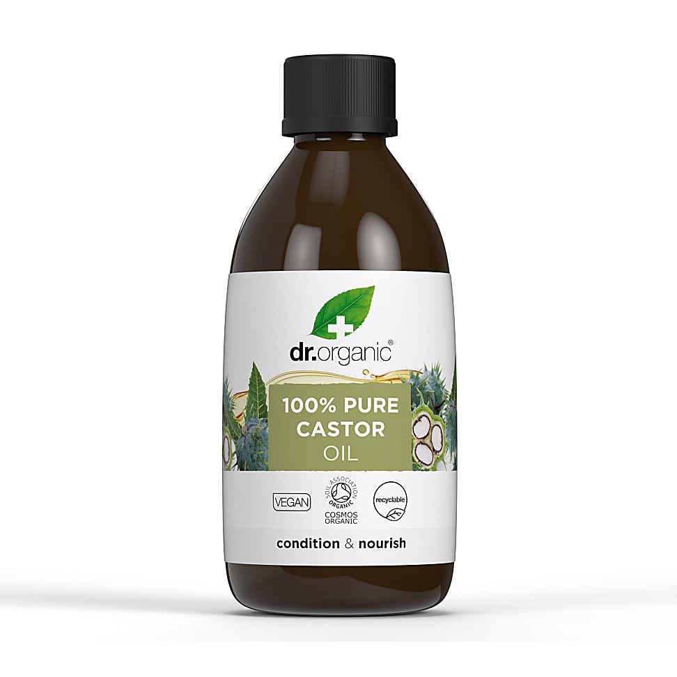 Dark brown glass bottle with a black cap, labeled "100% Pure Castor Oil" by Dr. Organic, featuring green leaves and a coconut graphic, promoting conditioning and nourishing benefits.