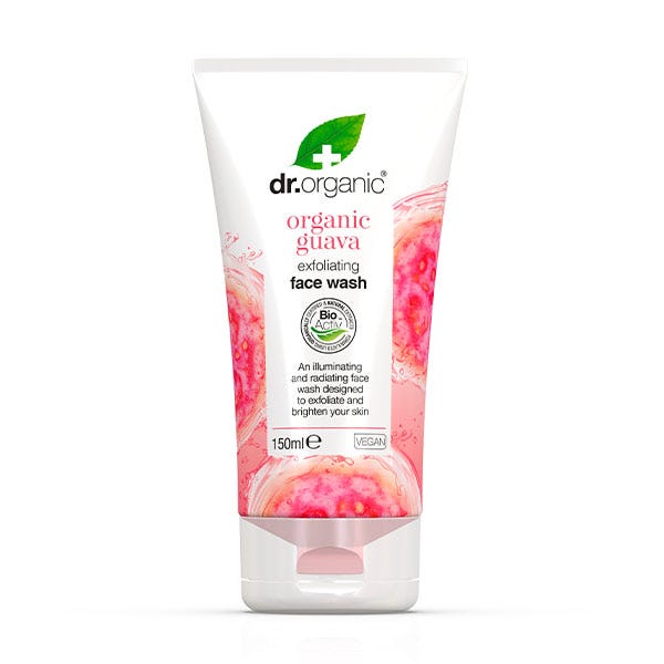White tube with a pink and guava-themed design, featuring the Dr. Organic logo, labeled as "Vitamin C Exfoliating Face Wash," 150ml, vegan, highlighting organic ingredients.