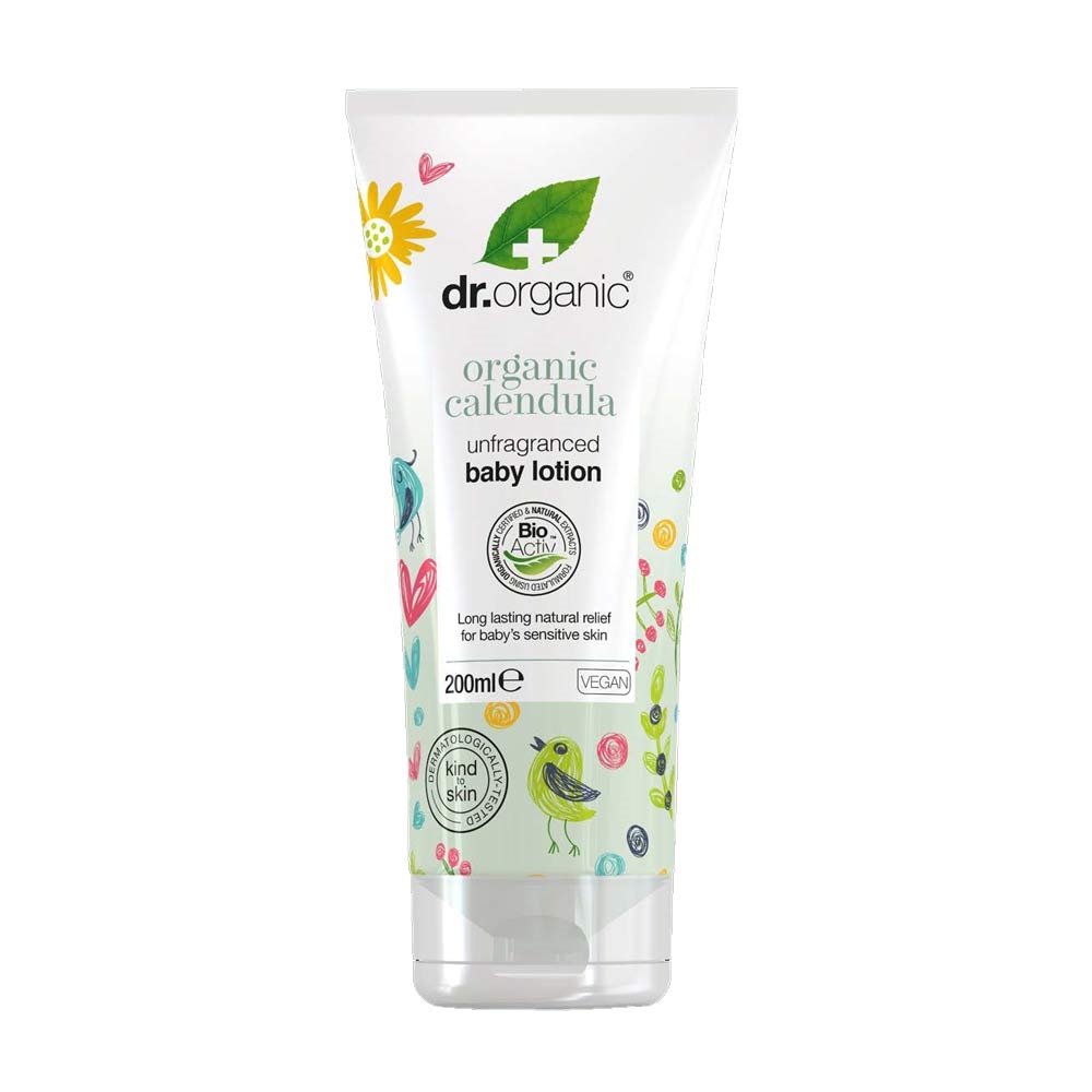 White tube featuring colorful illustrations of flowers and birds, labeled "Dr. Organic Organic Calendula Baby Lotion 200ml," emphasizing its natural and vegan qualities.