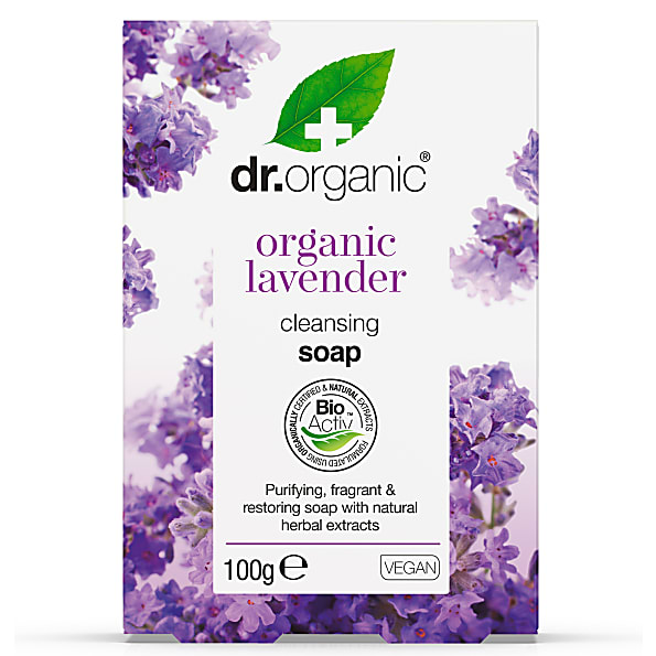 Purple box of Dr Organic Lavender Soap featuring lavender flowers, a green logo, and text highlighting its organic and vegan qualities, weighing 100g.