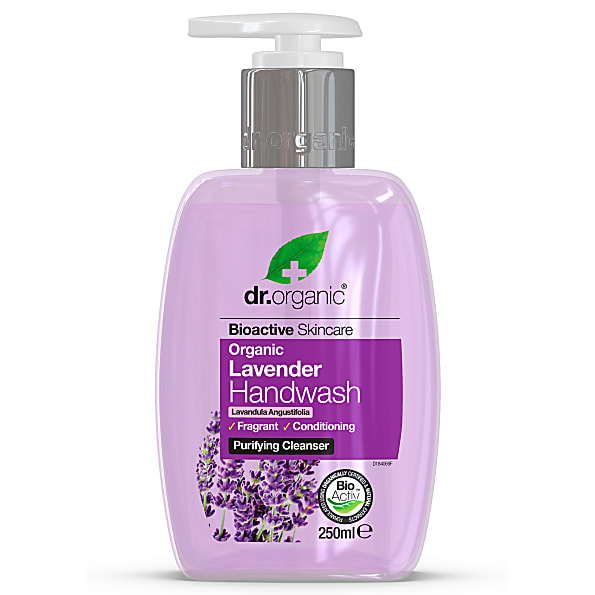Purple plastic pump bottle of Dr Organic Lavender Hand Wash, featuring a clear label with white text, depicting lavender flowers, and indicating a 250ml size.