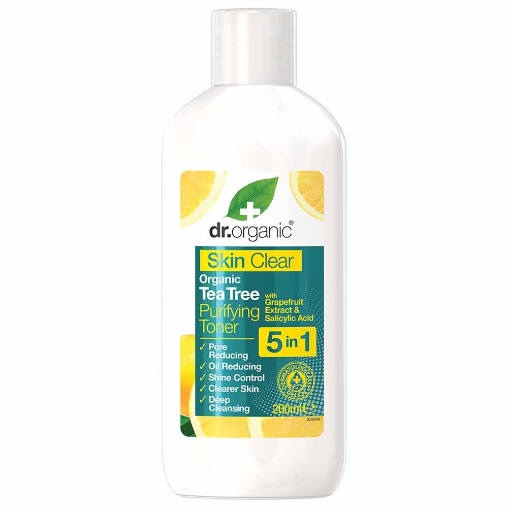 White bottle with a flip-top lid, featuring green and yellow accents, labeled "DR ORGANIC Skin Clear Purifying Toner" with tea tree and grapefruit extract, 200ml size.