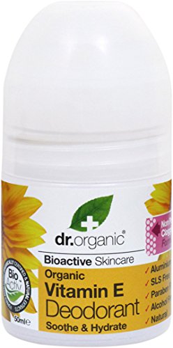 White roll-on deodorant with a clear cap, featuring a yellow label that highlights "Vitamin E" and "Organic" with a sunflower graphic, 50ml size.