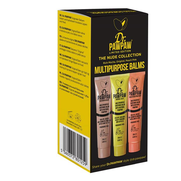 Three tubes of Dr Paw Paw multipurpose balms in shades of rich mocha, original, and peach pink, packaged in a black box with gold accents and product details.