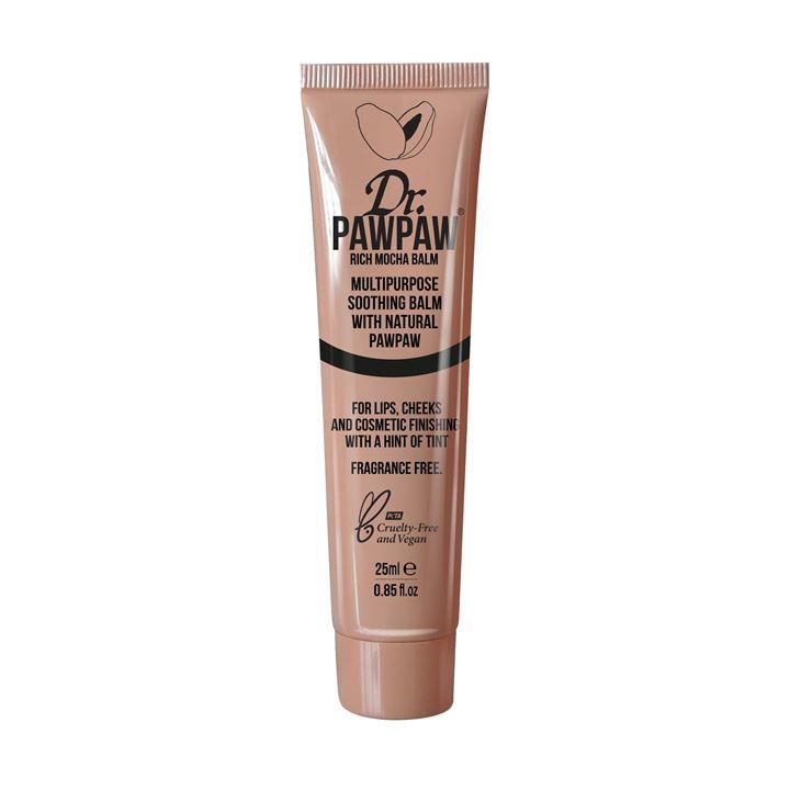 Rich Mocha Balm in a 25ml squeeze tube, featuring a soft peach color with a glossy finish, labeled with "Dr. PAWPAW" and details about its multipurpose use for lips and cheeks.