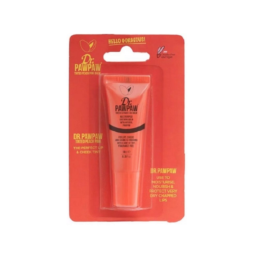 Peach pink tube of Dr. PawPaw Multipurpose Tinted Balm, 0.33 Fl Oz, displayed on a vibrant red packaging with "Hello Gorgeous!" text and product details prominently featured.