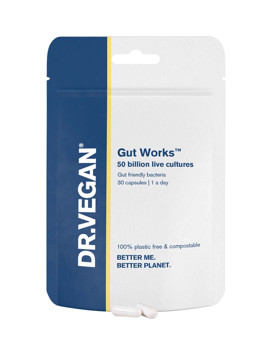 Blue and white packaging for "Gut Works" by DR VEGAN, featuring 50 billion live cultures, with 30 capsules inside, labeled as plastic-free and compostable.