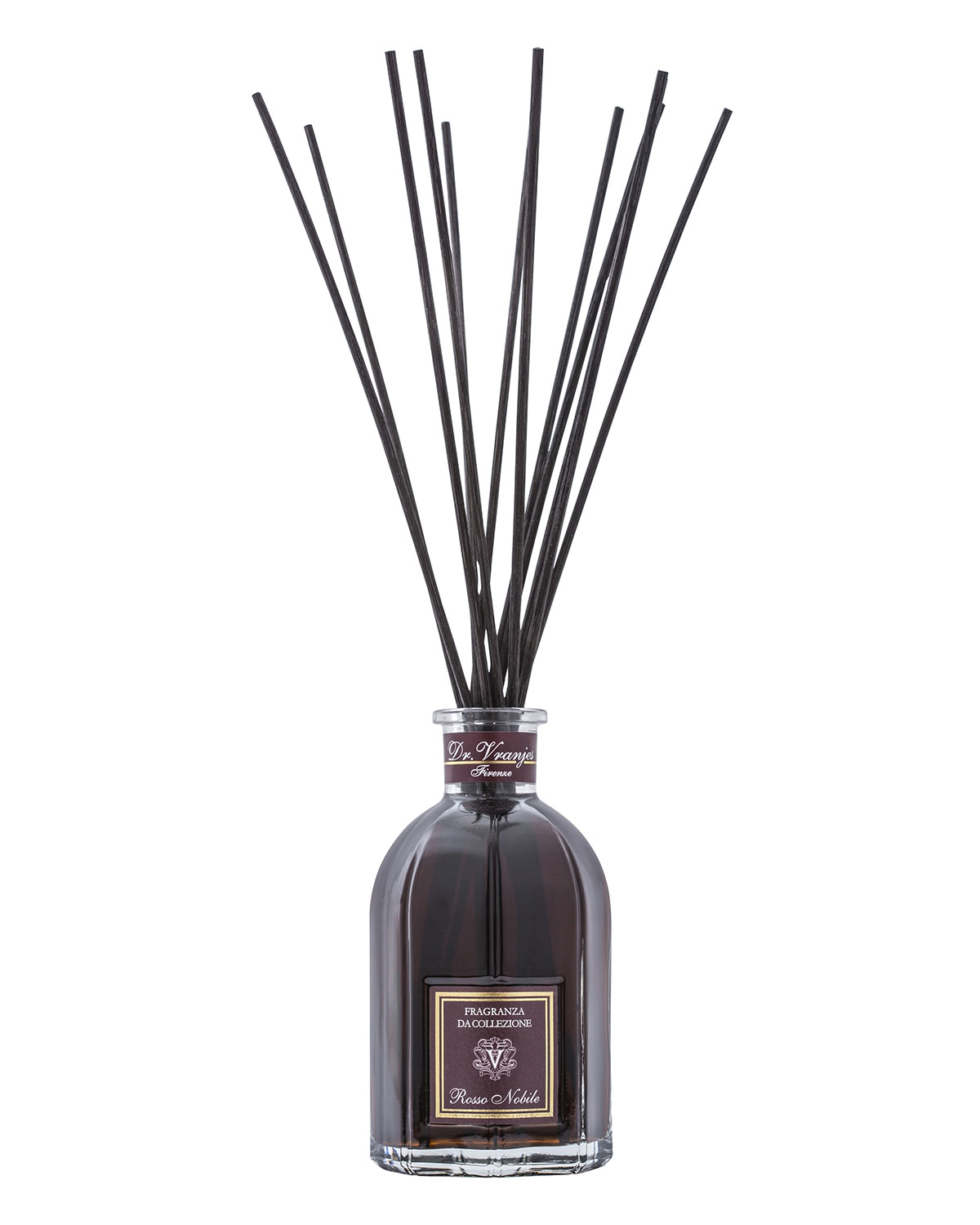 A dark glass diffuser bottle with a rounded shape, filled with a deep red liquid, featuring black reed sticks and a gold label reading "Dr.Vranjes Firenze Rosso Nobile."