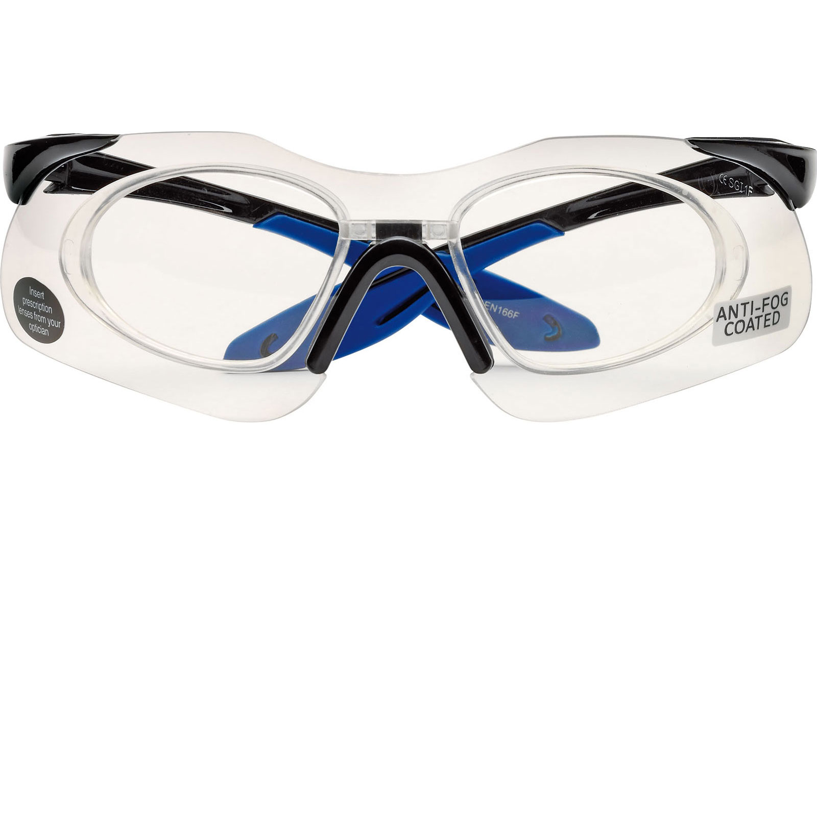 Clear anti-mist safety glasses with a black frame, blue accents, and anti-fog coating, featuring large lenses for enhanced visibility and protection.