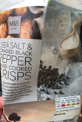 Sea Salt & Black Pepper Crisps by Dronspot, featuring a rustic bag design, with images of crisps, sea salt, and black peppercorns, emphasizing a crunchy texture and flavorful seasoning.
