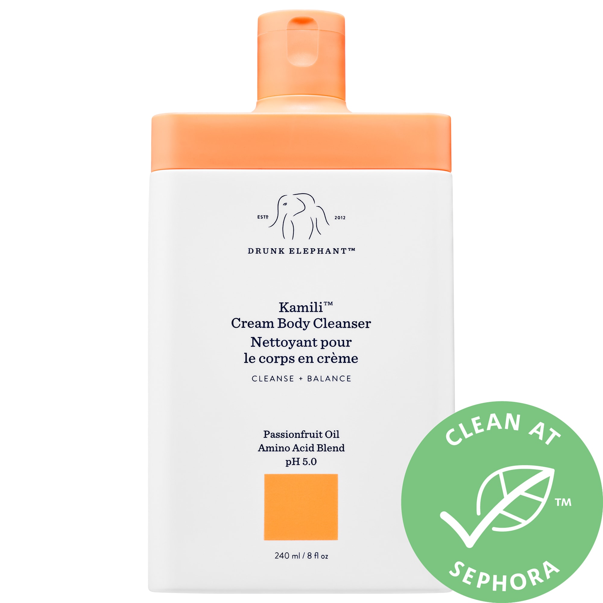 Drunk Elephant Kamili Cream Body Cleanser in a tall, orange and white bottle, featuring a pump top and a green "Clean at Sephora" label, 240 ML size.