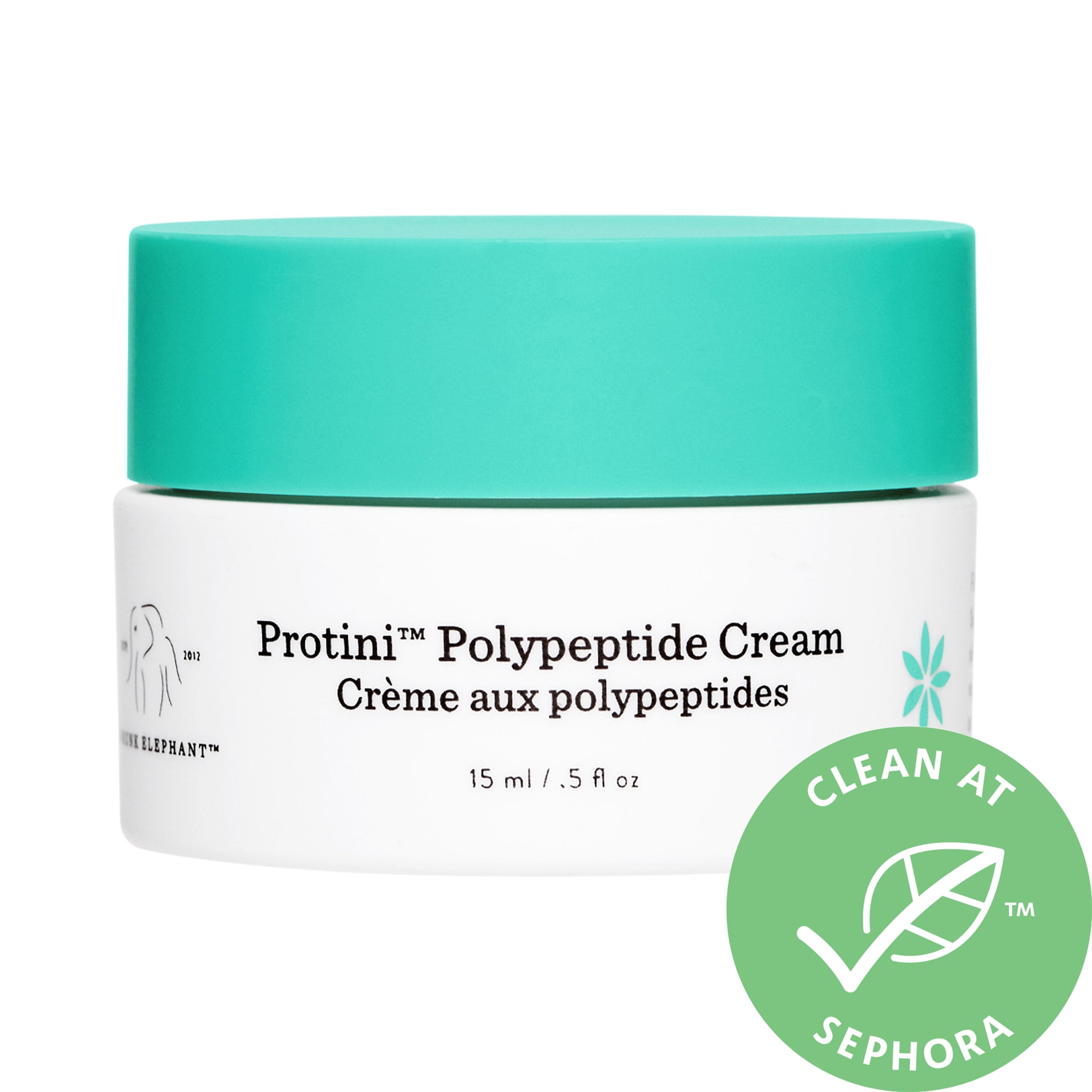White jar with a turquoise lid, labeled "Protini Polypeptide Cream" in black text, featuring a green "Clean at Sephora" seal on the side, 15 ML/.5 FL OZ size.