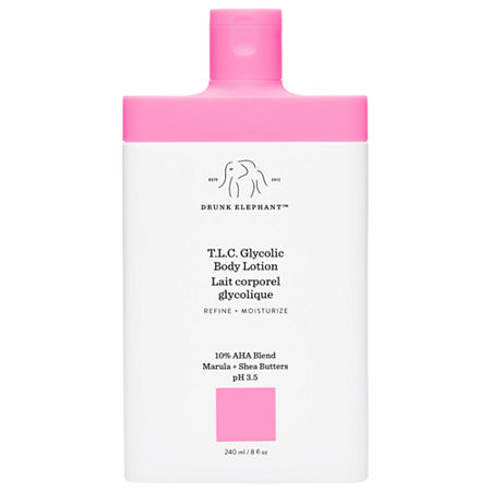 White bottle with a pink flip-top cap, labeled "T.L.C. Glycolic Body Lotion" in bold black text, featuring a 10% AHA blend and marula & shea butters, 240 ML/8 FL OZ.