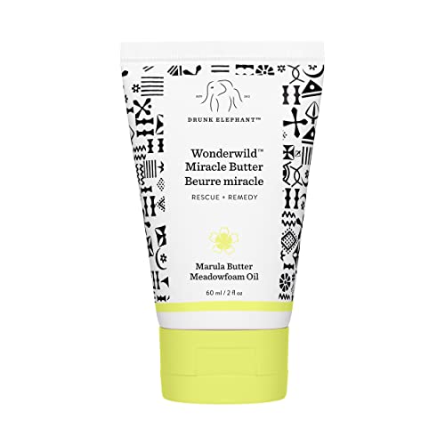 White tube with colorful tribal patterns, featuring a yellow cap, labeled "Wonderwild Miracle Butter" by Drunk Elephant, 60ml/2oz, highlighting marula butter and meadowfoam oil.