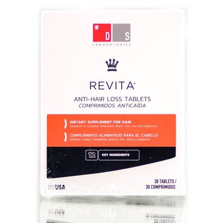 Revita anti-hair loss tablets by DS, packaged in a white box with red and blue accents, featuring a crown logo and the text "30 Tablets" prominently displayed.