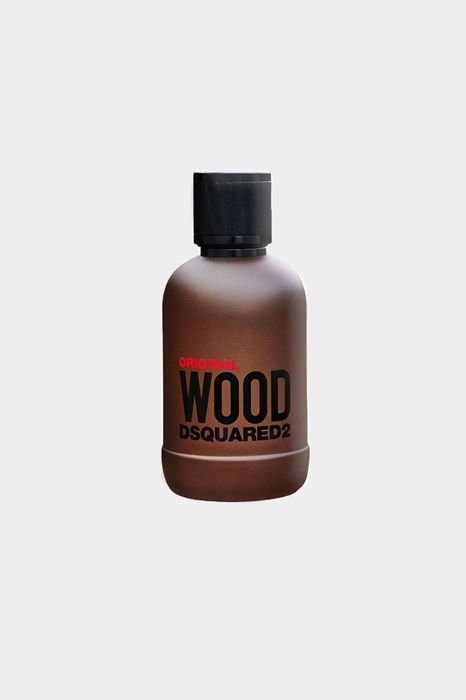 Brown glass bottle with a matte finish, featuring bold black text that reads "WOOD" and "DSQUARED2," topped with a black cap, containing 3.4 oz of men's eau de parfum.