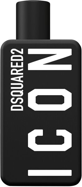 Black rectangular bottle with bold white lettering spelling "ICON" and "DSQUARED2," featuring a sleek design and a black cap, containing 3.4 oz of men's eau de parfum.