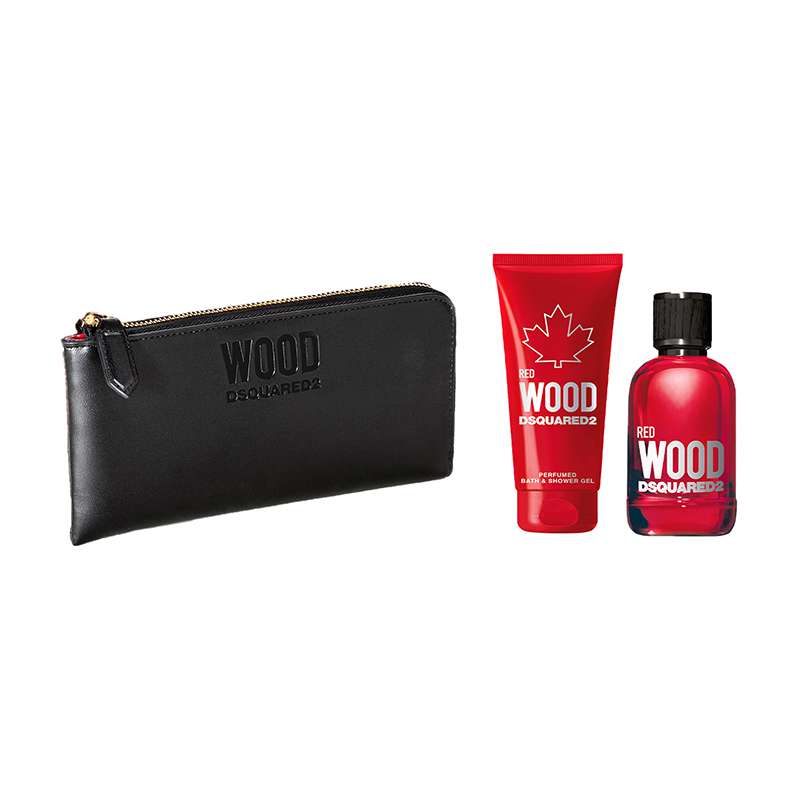 Red Wood 3 Piece Gift Set by Dsquared2 featuring a black zippered pouch, red shower gel, and red eau de toilette bottle, all branded with "WOOD" and "Dsquared2."