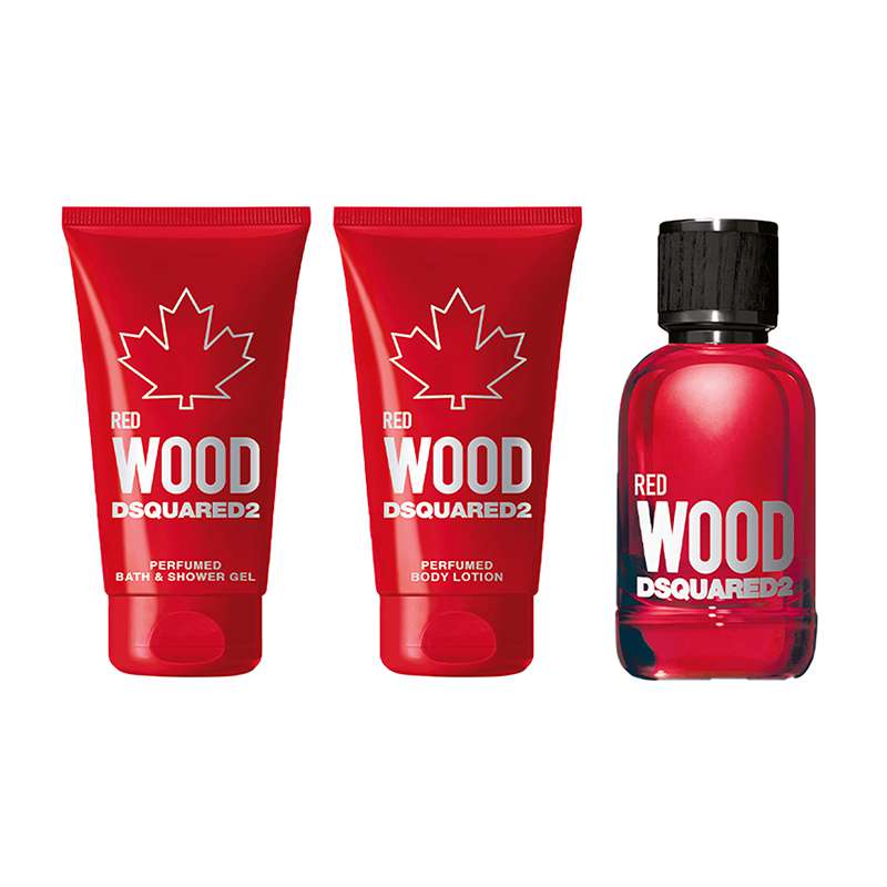Three-piece gift set featuring a red bottle of Eau De Toilette (50ml) and two red tubes of body lotion and shower gel (50ml each), all branded with "Dsquared2 Red Wood."