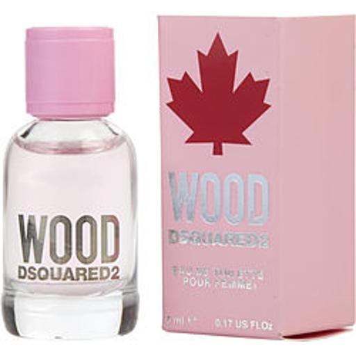 Clear glass mini perfume bottle with a pink cap, labeled "WOOD" in silver, alongside a pink box featuring a red maple leaf logo, both designed for women.