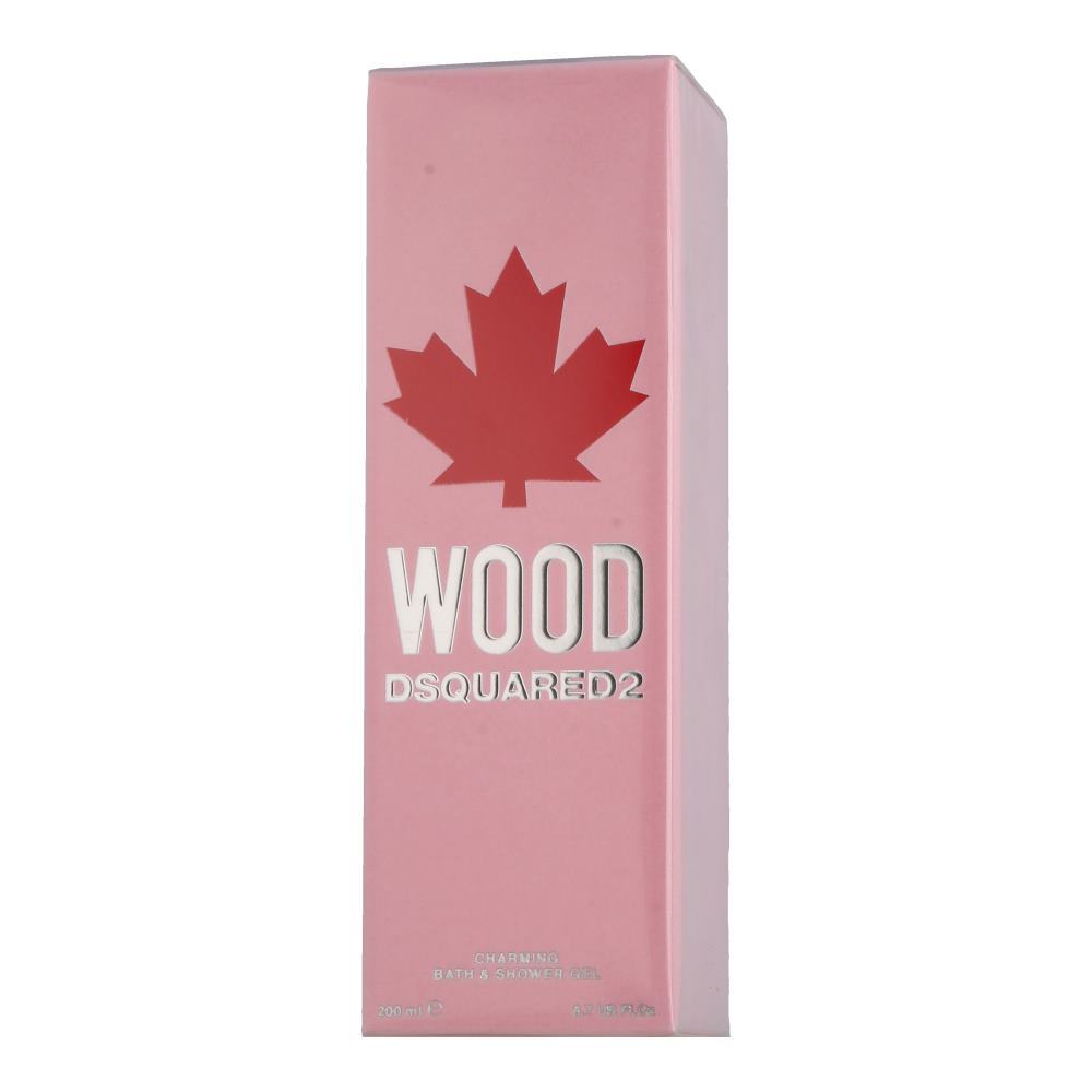 Pink box featuring a prominent red maple leaf and silver text reading "WOOD DSQUARED2," designed for 200 ml shower and bath gel for women.
