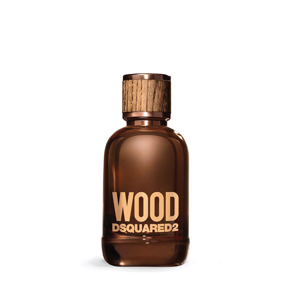 Brown glass bottle with a wooden cap, featuring the word "WOOD" and "DSQUARED2" in bold gold lettering, containing 50ml of men's eau de toilette.