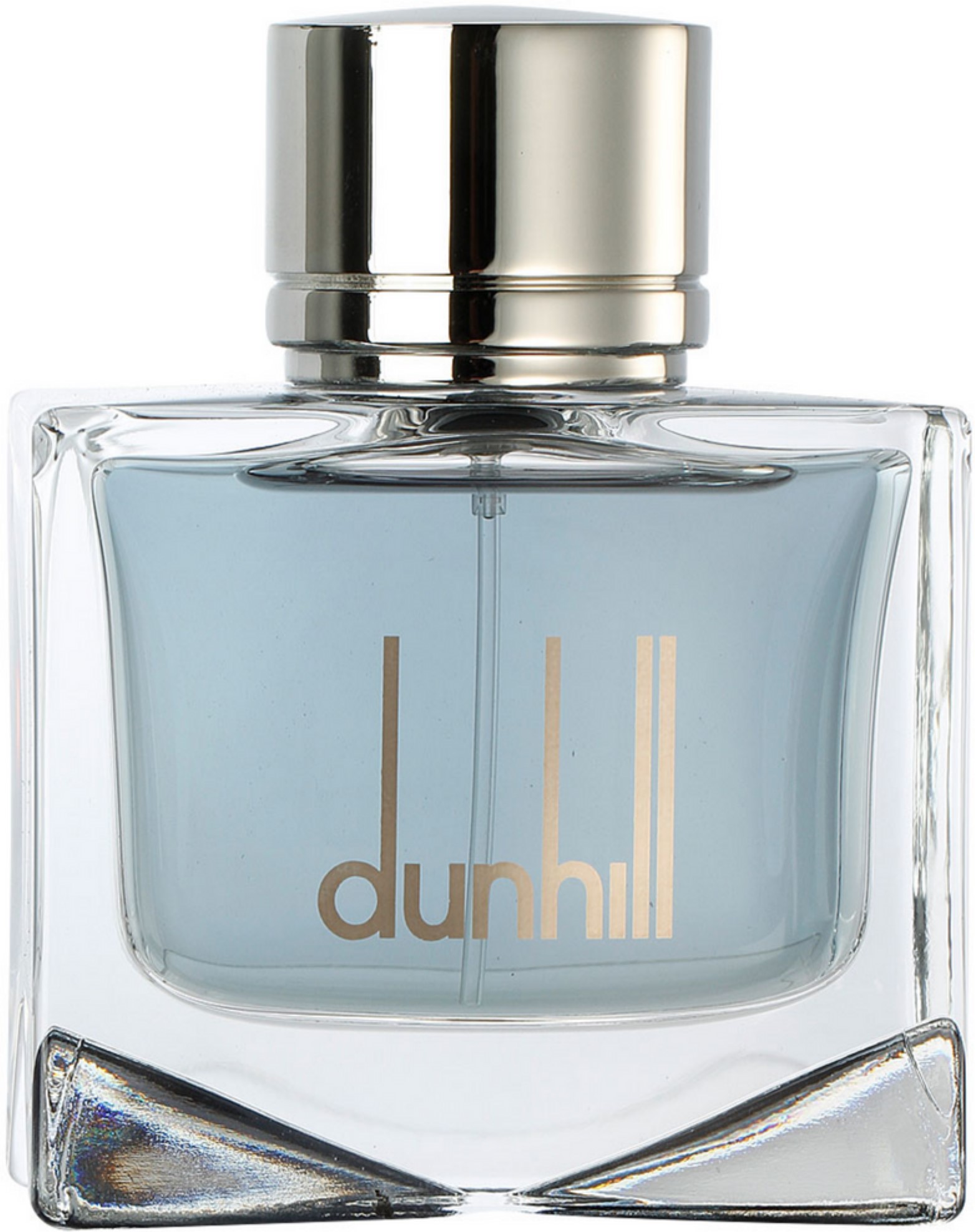 Clear glass bottle with a square shape, featuring a silver cap and gold "dunhill" logo on the front, containing 1.7 oz of Dunhill Black Eau De Toilette for men.