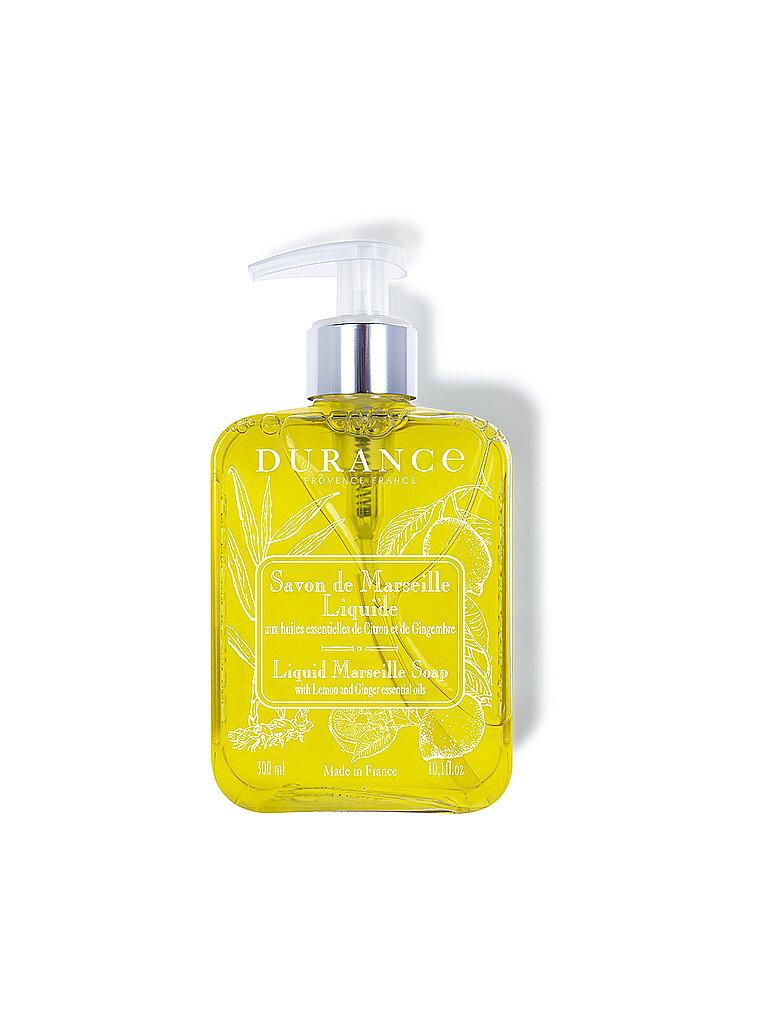 Transparent yellow bottle of DURANCE liquid Marseille soap with a pump dispenser, featuring a lemon and ginger scent, adorned with botanical illustrations.