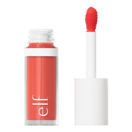 Bright coral liquid blush in a clear tube with a white cap, featuring a soft applicator wand for easy application, labeled as vegan and cruelty-free by e.l.f. Cosmetics.