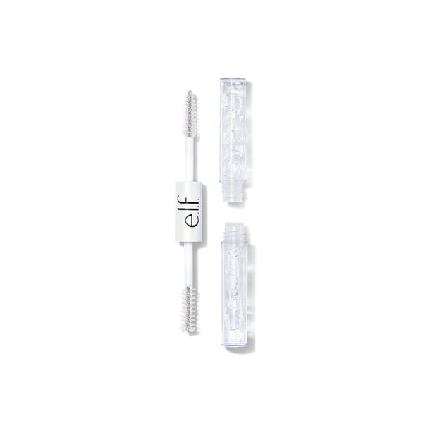 Clear tube containing a clear brow and lash mascara with a white applicator wand featuring two spiral brushes, showcasing a minimalist design with the e.l.f. logo.