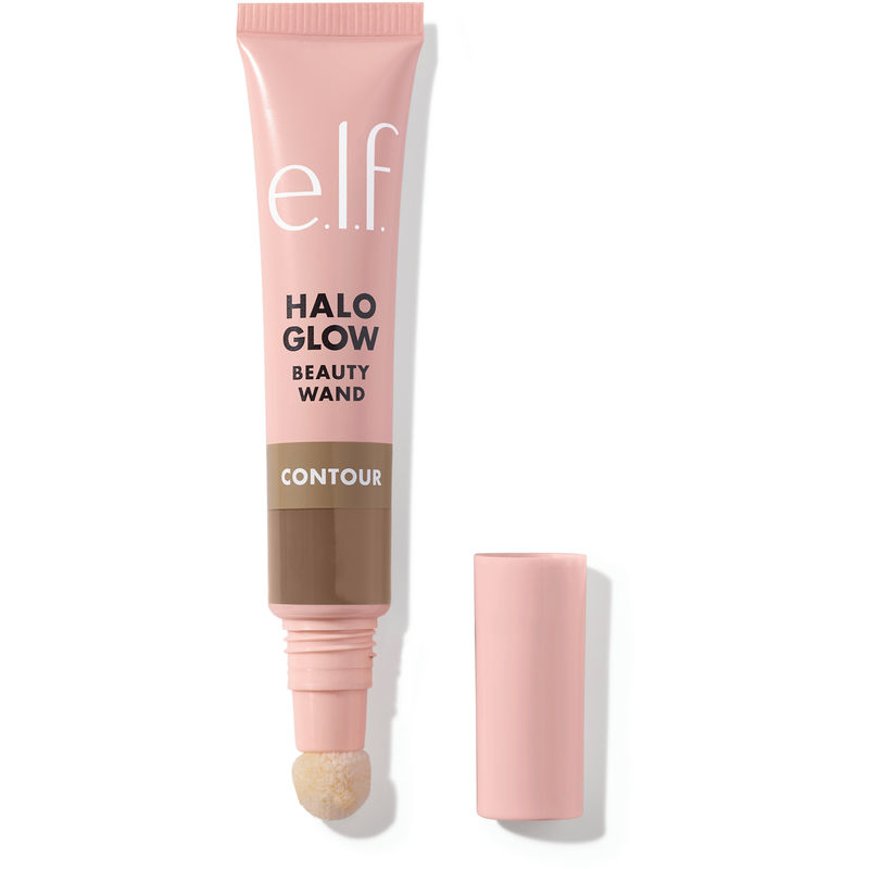 Light pink tube with a beige-brown contour wand tip, labeled "Halo Glow Contour Beauty Wand" in dark brown text, featuring a screw-on cap. Vegan and cruelty-free makeup.