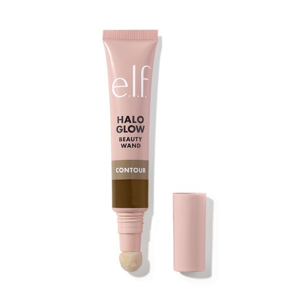 E.L.F. Cosmetics Halo Glow Contour Beauty Wand in a pink tube, featuring a tan contour shade and a sponge applicator tip, labeled as vegan and cruelty-free.