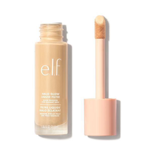E. L.f. Cosmetics Halo Glow Liquid Filter in a clear glass bottle with a light beige liquid, featuring a soft applicator wand and a pale pink cap.