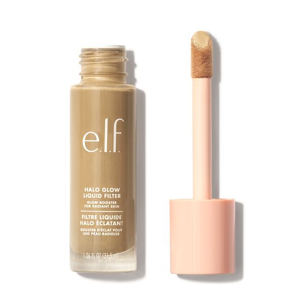 Halo Glow Liquid Filter in 3.5 Medium Neutral Olive, housed in a clear glass bottle with a pink cap, features a doe-foot applicator for easy application.