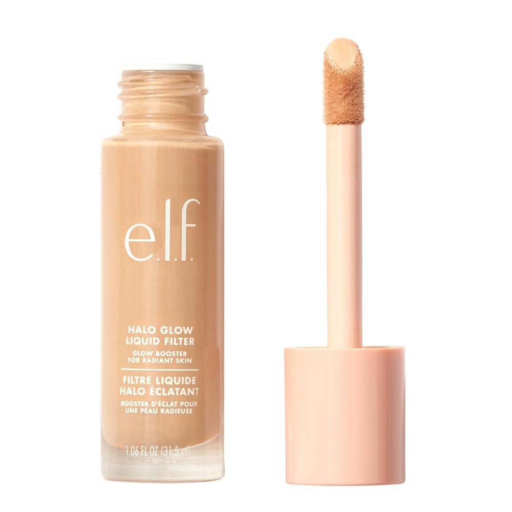 E.l.f. Halo Glow Liquid Filter in Fair/Light, 1.06 oz, features a glass bottle with a light beige liquid and a soft applicator wand for easy application.