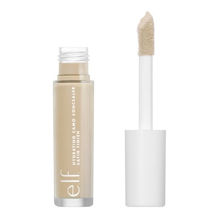 Hydrating Camo Concealer in Light with golden beige undertones, featuring a clear tube and a white applicator wand with a soft, fluffy tip.