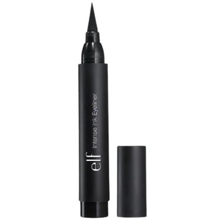 Black eyeliner pen with a fine tip, featuring a sleek matte black barrel and a removable cap, labeled "e.l.f. Intense Ink Eyeliner" in white text.