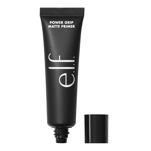Black tube of E.l.f. Power Grip Matte Primer with white text, featuring a flip-top cap, highlighting its paraben-free, vegan, and hydroquinone-free formula.